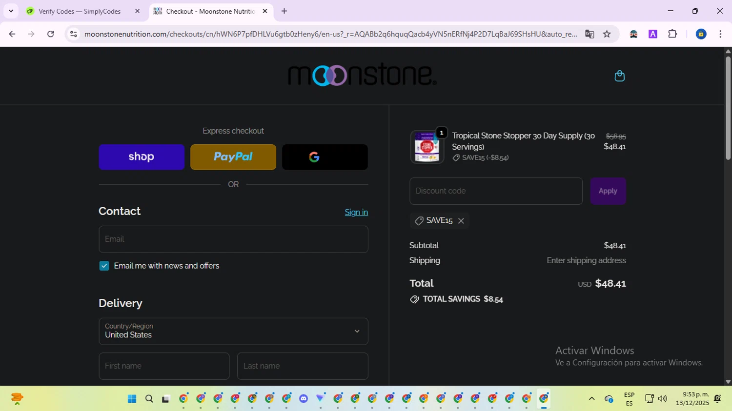 Moonstone promo code screenshot showing code SAVE15 applied at Moonstone checkout page. Uploaded by SimplyCodes community member SwiftWarden6832 on Dec 14, 2025