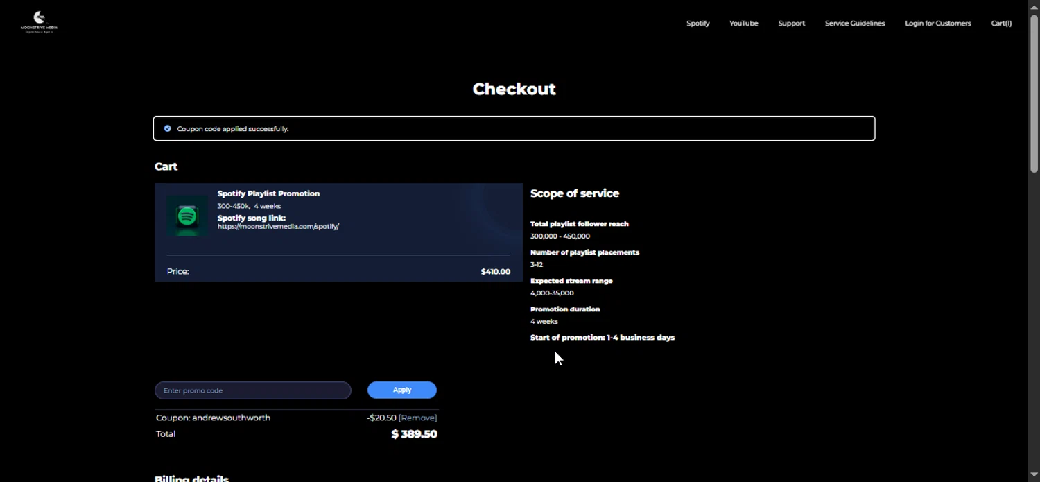 Moonstrive Media promo code screenshot showing code ANDREWSOUTHWORTH applied at Moonstrive Media checkout page. Uploaded by SimplyCodes community member Bendito on Jun 20, 2025