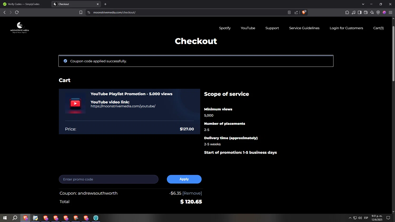 Moonstrive Media promo code screenshot showing code ANDREWSOUTHWORTH applied at Moonstrive Media checkout page. Uploaded by SimplyCodes community member kkkkkkkkkkkkkkkkkkkk on Jun 13, 2025