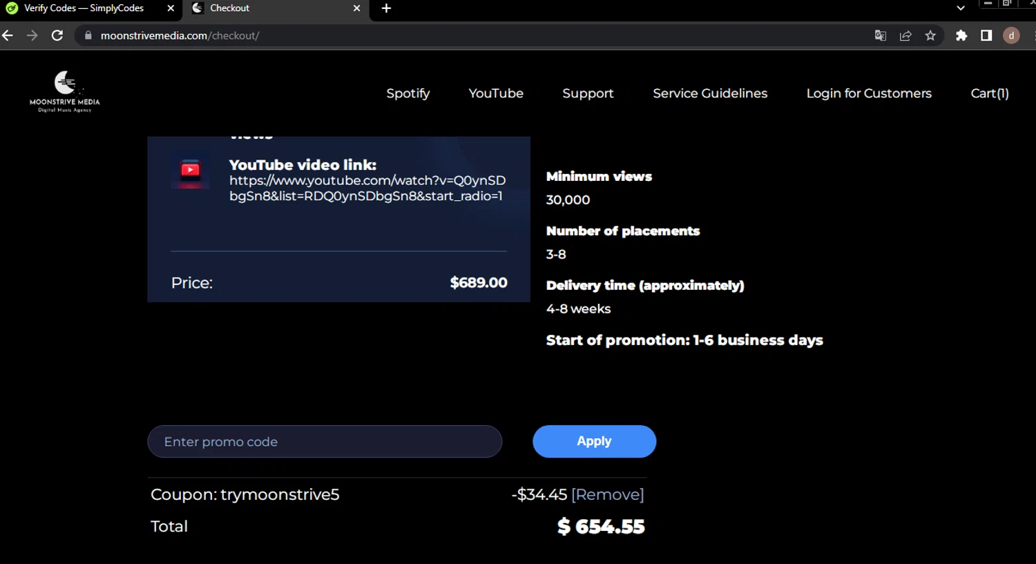 Moonstrive Media promo code screenshot showing code trymoonstrive5 applied at Moonstrive Media checkout page. Uploaded by SimplyCodes community member BargainVirtuoso4670 on Nov 5, 2025