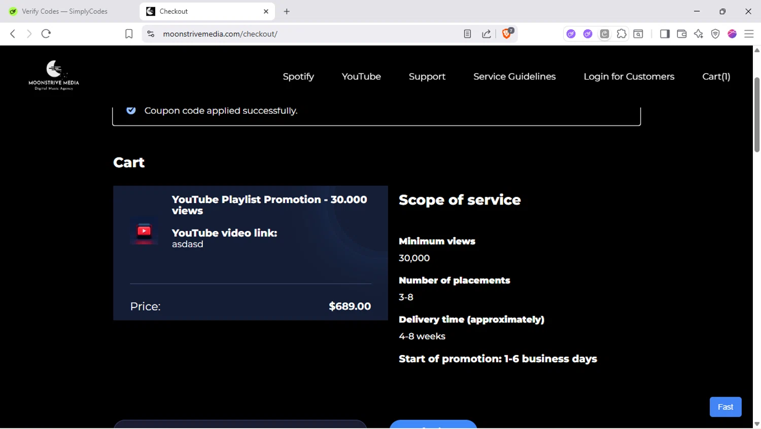 Moonstrive Media checkout page showing Moonstrive Media promo code box | Screenshot taken by SimplyCodes community member on Sep 8, 2025