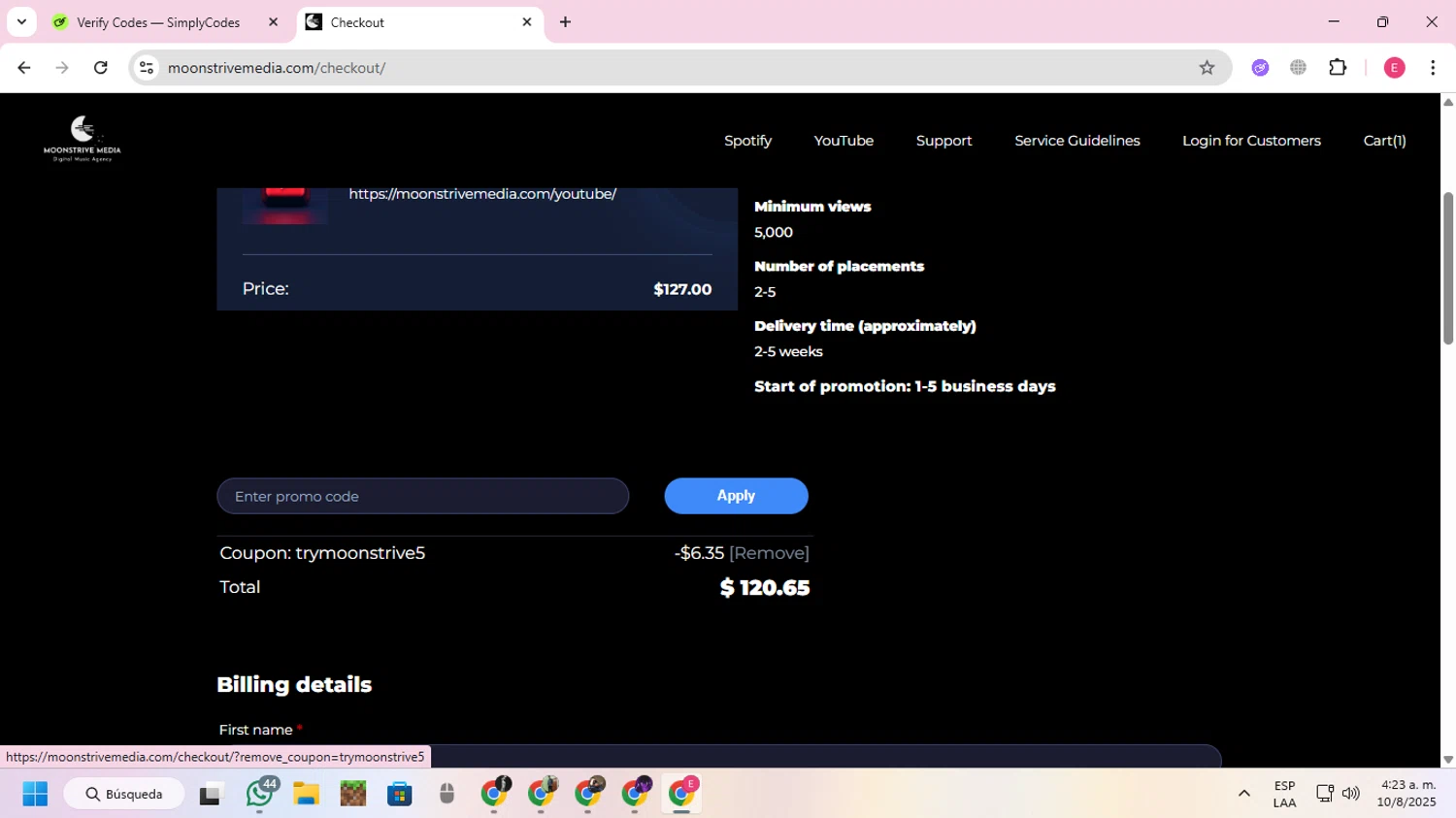 Moonstrive Media checkout page showing Moonstrive Media promo code box | Screenshot taken by SimplyCodes community member on Aug 10, 2025