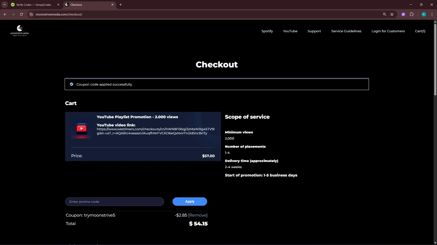 Moonstrive Media checkout page showing Moonstrive Media promo code box | Screenshot taken by SimplyCodes community member on Jan 31, 2026
