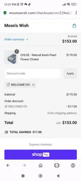 WELCOME10% coupon verification screenshot