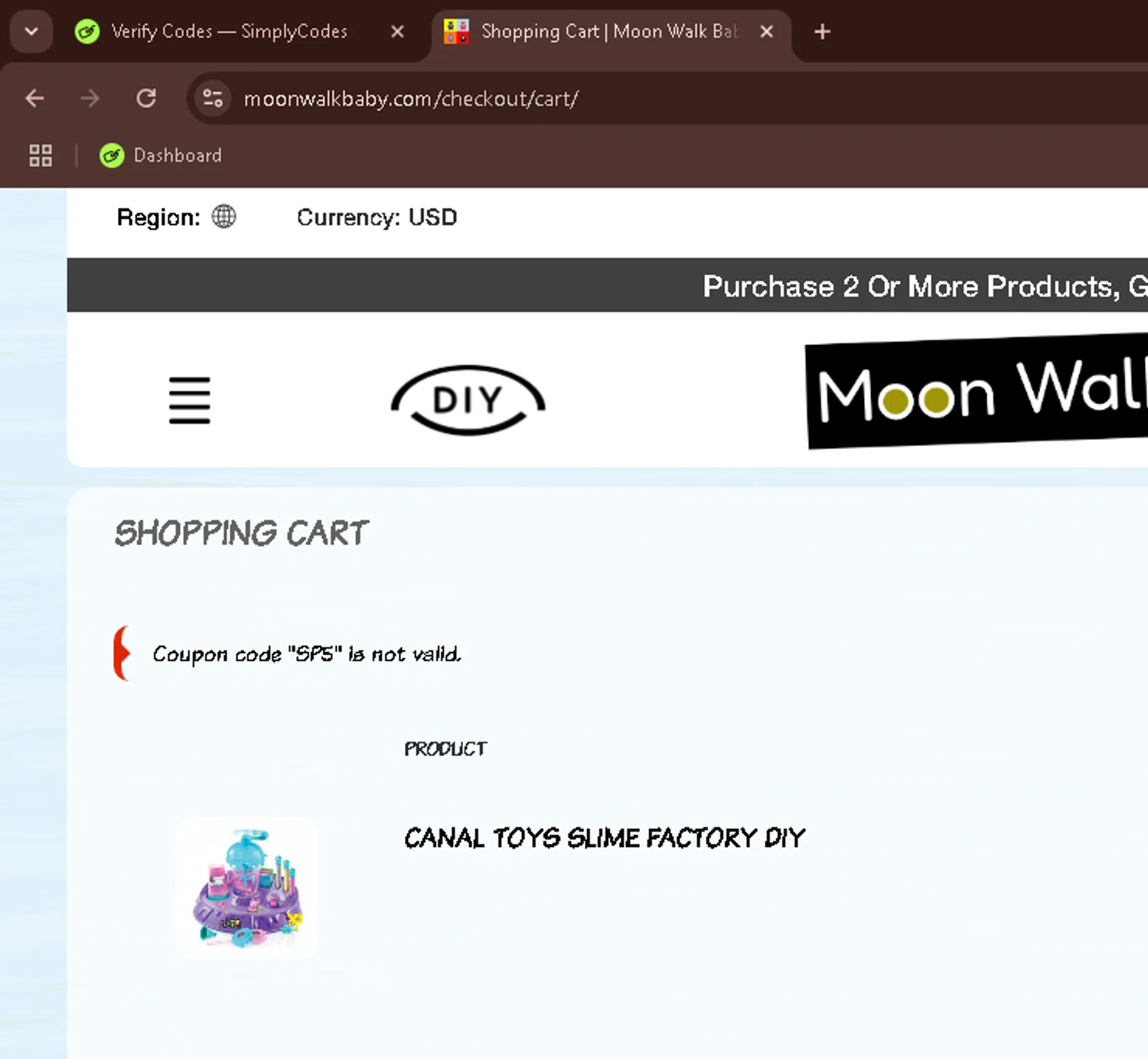 MoonWalkBaby discount code screenshot showing code SP5 applied at MoonWalkBaby checkout page. Uploaded by SimplyCodes community member PumDaniel on Mar 13, 2025