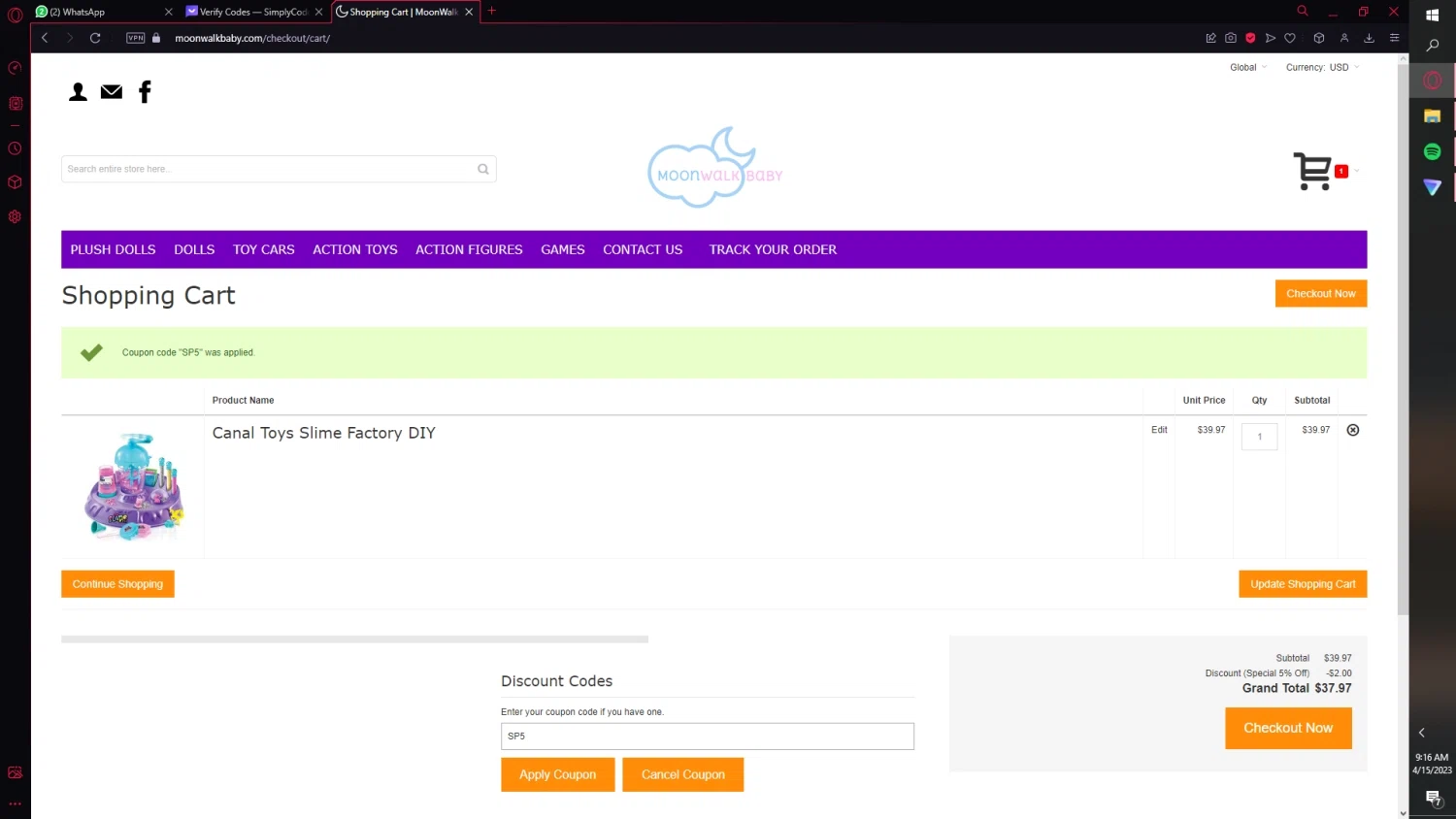 MoonWalkBaby checkout page showing MoonWalkBaby discount code box | Screenshot taken by SimplyCodes community member on Apr 15, 2023