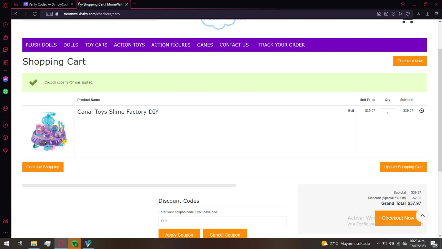 MoonWalkBaby checkout page showing MoonWalkBaby discount code box | Screenshot taken by SimplyCodes community member on Jul 7, 2023
