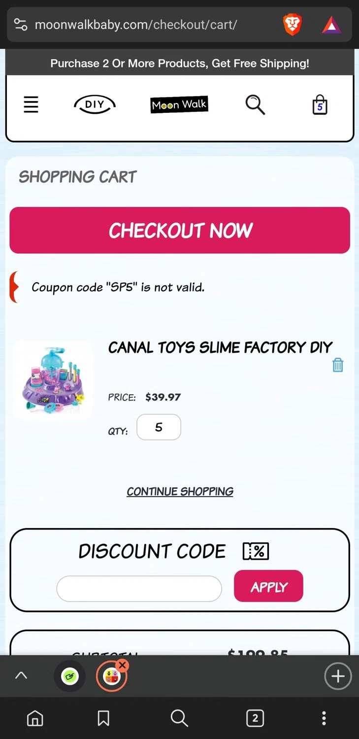 MoonWalkBaby discount code screenshot showing code SP5 applied at MoonWalkBaby checkout page. Uploaded by SimplyCodes community member xxdddd on Feb 10, 2025