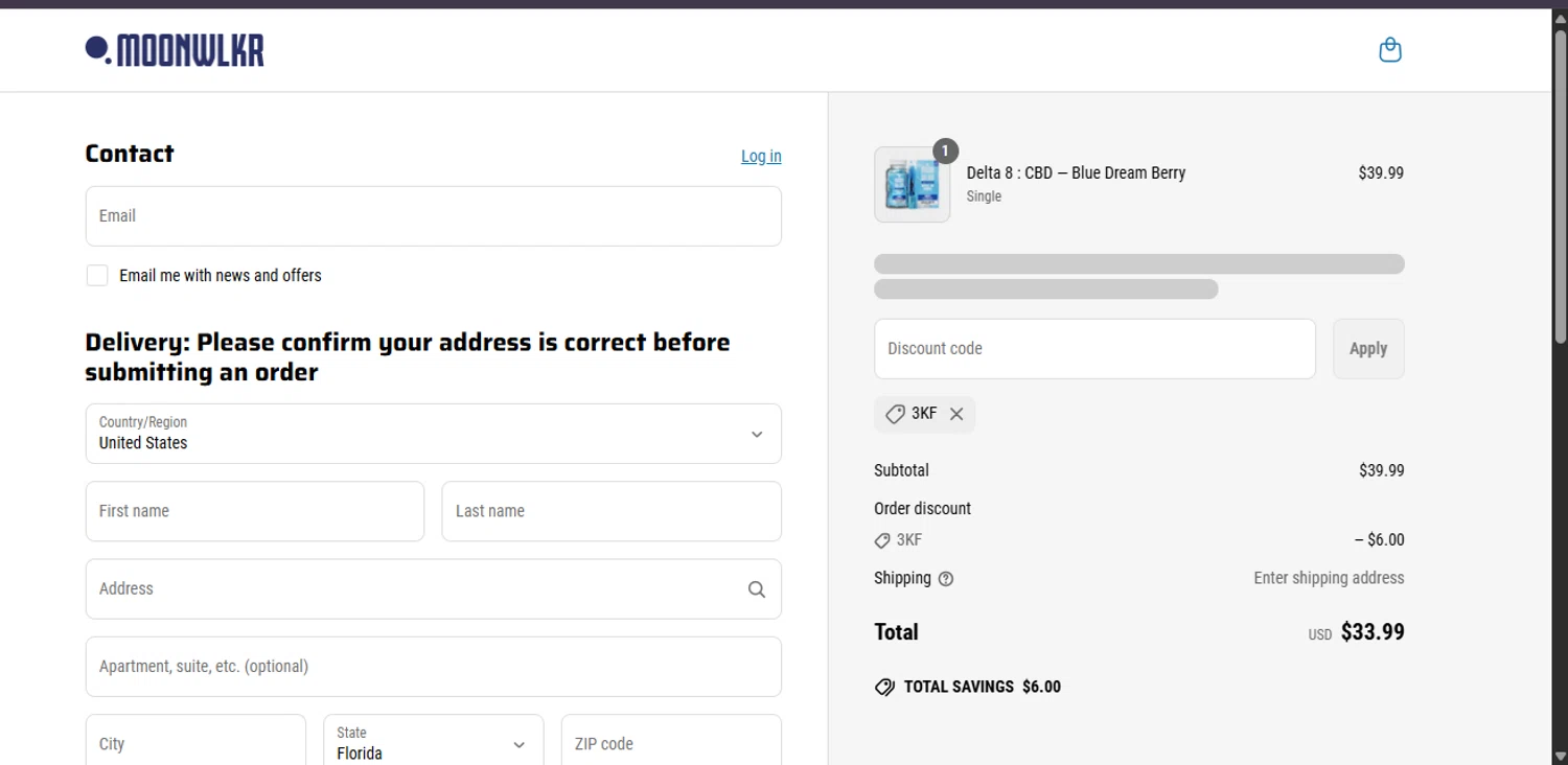 MoonWlkr coupon code screenshot showing code 3kf applied at MoonWlkr checkout page. Uploaded by SimplyCodes community member Lamadama on Jun 14, 2025