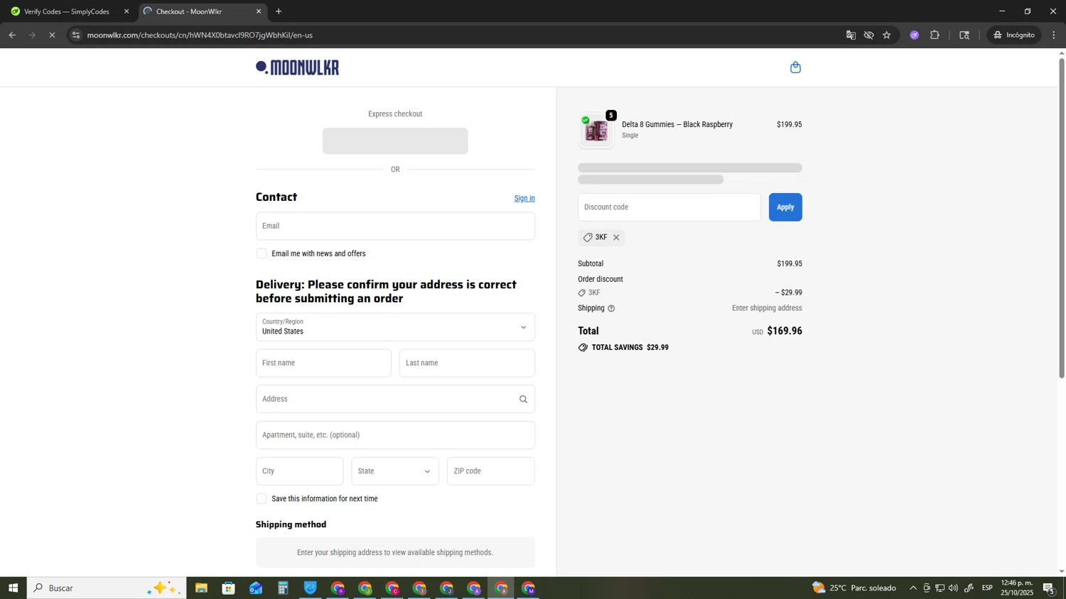 MoonWlkr coupon code screenshot showing code 3kf applied at MoonWlkr checkout page. Uploaded by SimplyCodes community member SwiftSage2309 on Oct 25, 2025