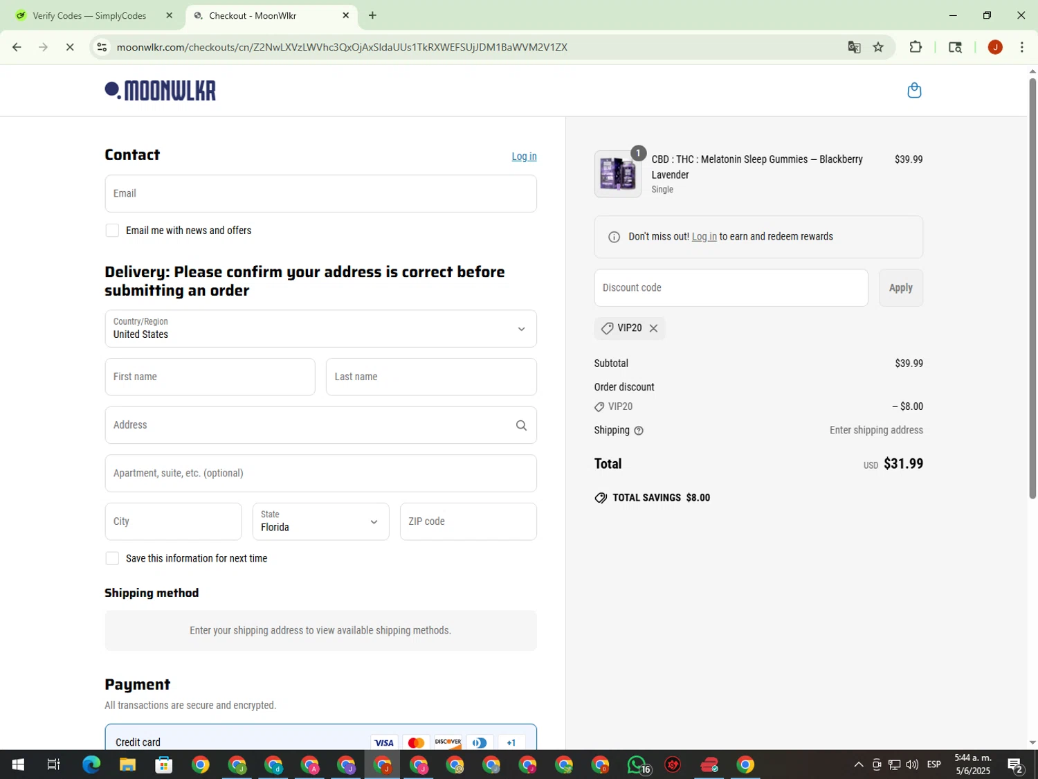 MoonWlkr coupon code screenshot showing code vip20 applied at MoonWlkr checkout page. Uploaded by SimplyCodes community member KimDokja on Jun 5, 2025