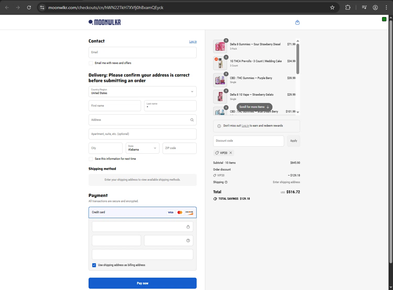 MoonWlkr coupon code screenshot showing code vip20 applied at MoonWlkr checkout page. Uploaded by SimplyCodes community member artritis on Aug 21, 2025
