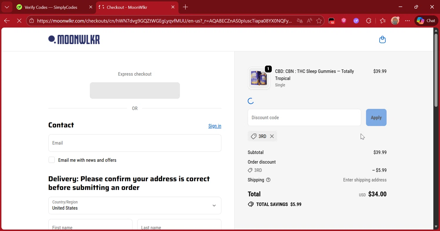 MoonWlkr coupon code screenshot showing code 3rd applied at MoonWlkr checkout page. Uploaded by SimplyCodes community member DiscountScout1417 on Jan 15, 2026