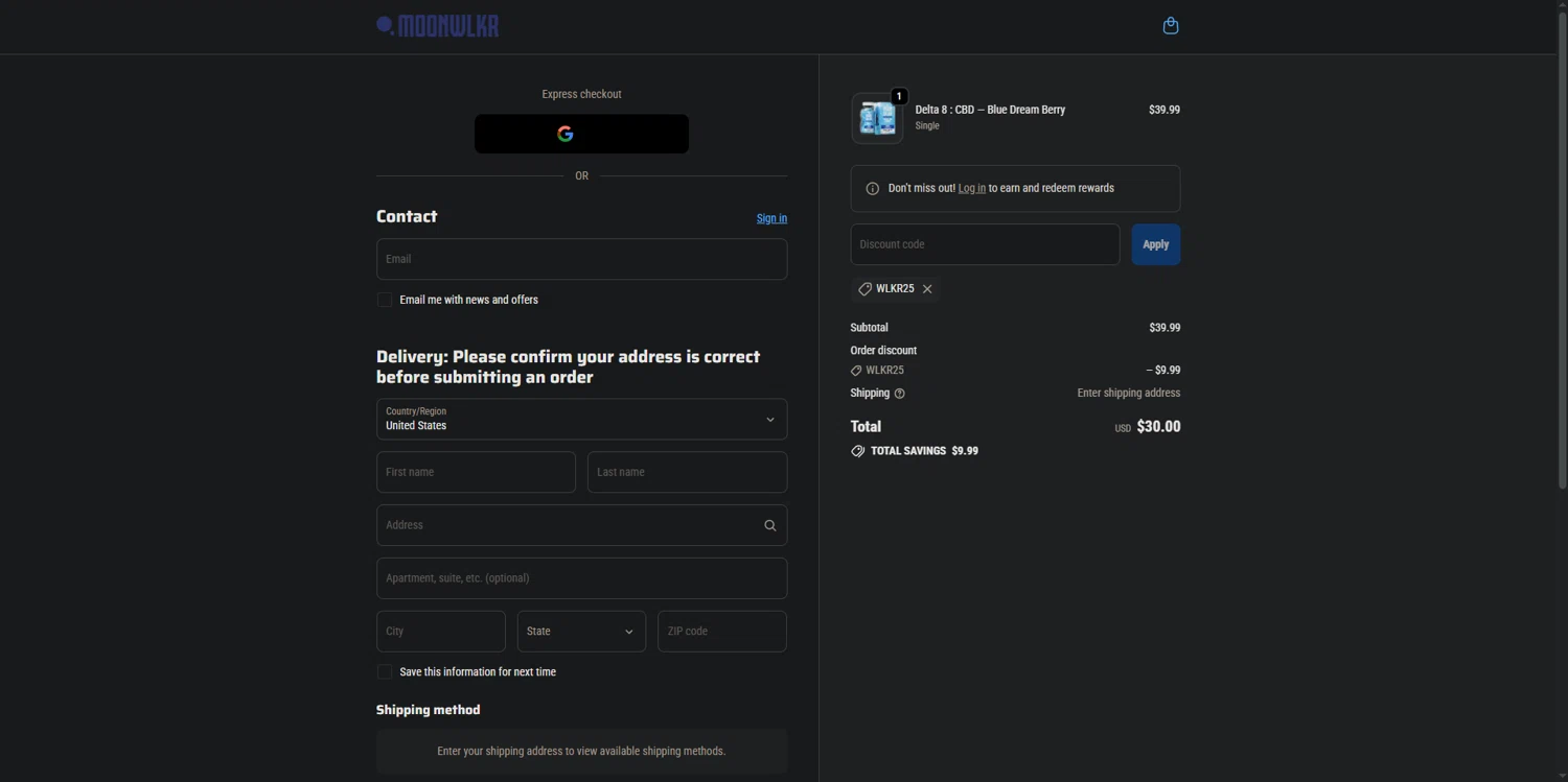 MoonWlkr coupon code screenshot showing code WLKR25 applied at MoonWlkr checkout page. Uploaded by SimplyCodes community member CrownExpert4084 on Dec 8, 2025