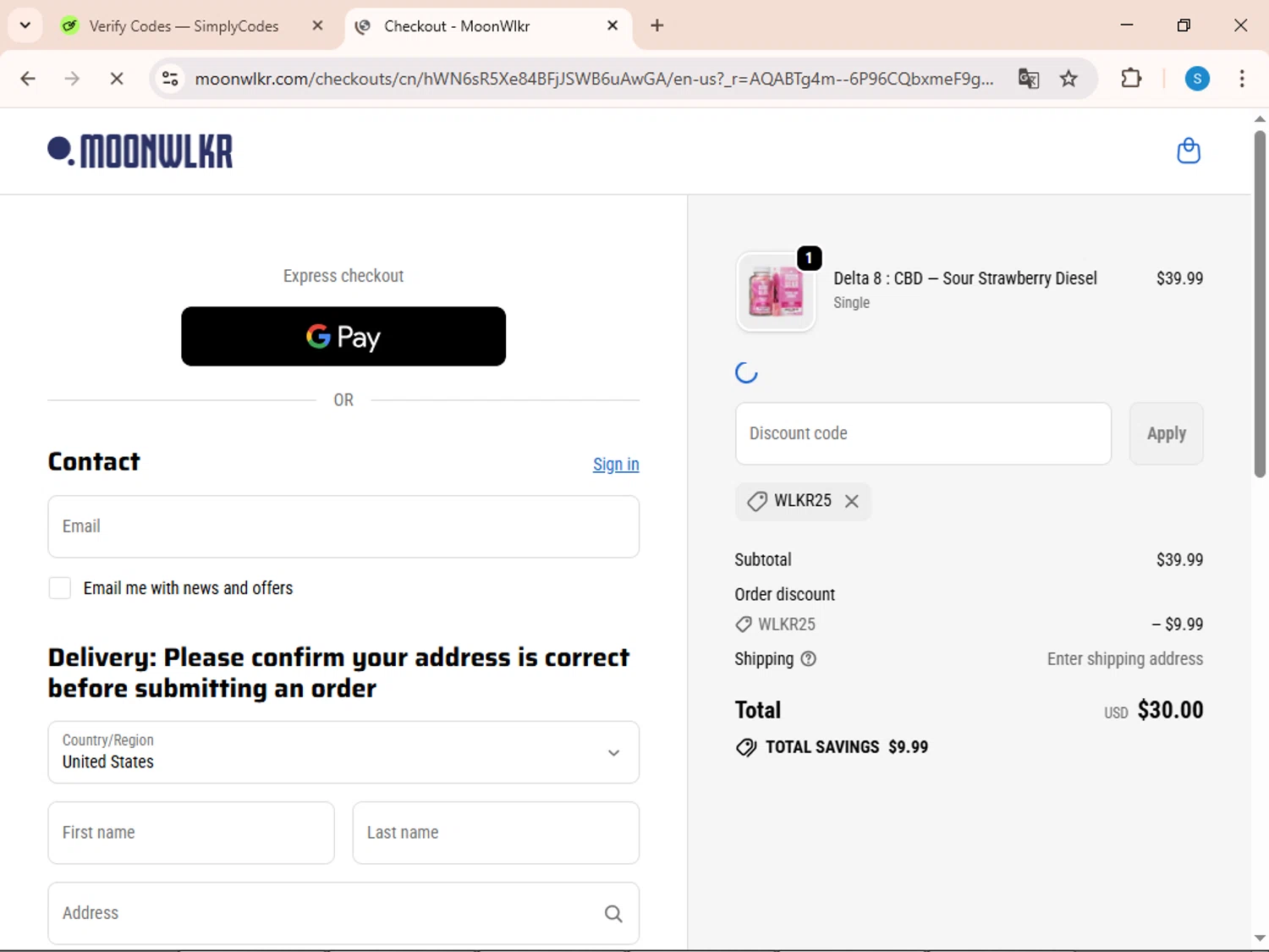MoonWlkr coupon code screenshot showing code WLKR25 applied at MoonWlkr checkout page. Uploaded by SimplyCodes community member uleesesv on Dec 26, 2025