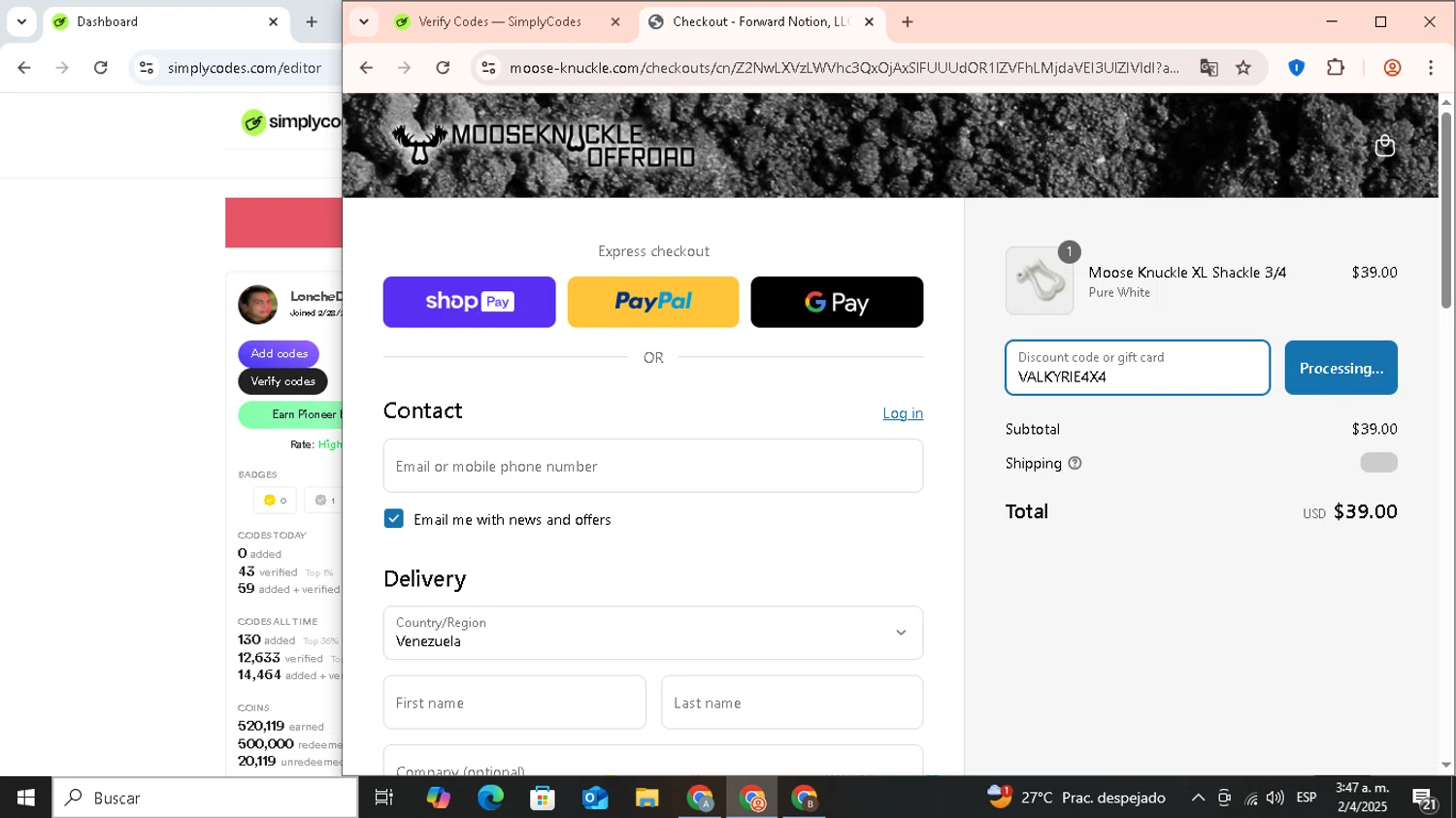 Moose Knuckle promo code screenshot showing code VALKYRIE4X4 applied at Moose Knuckle checkout page. Uploaded by SimplyCodes community member AHORROSNARANJA on Apr 2, 2025