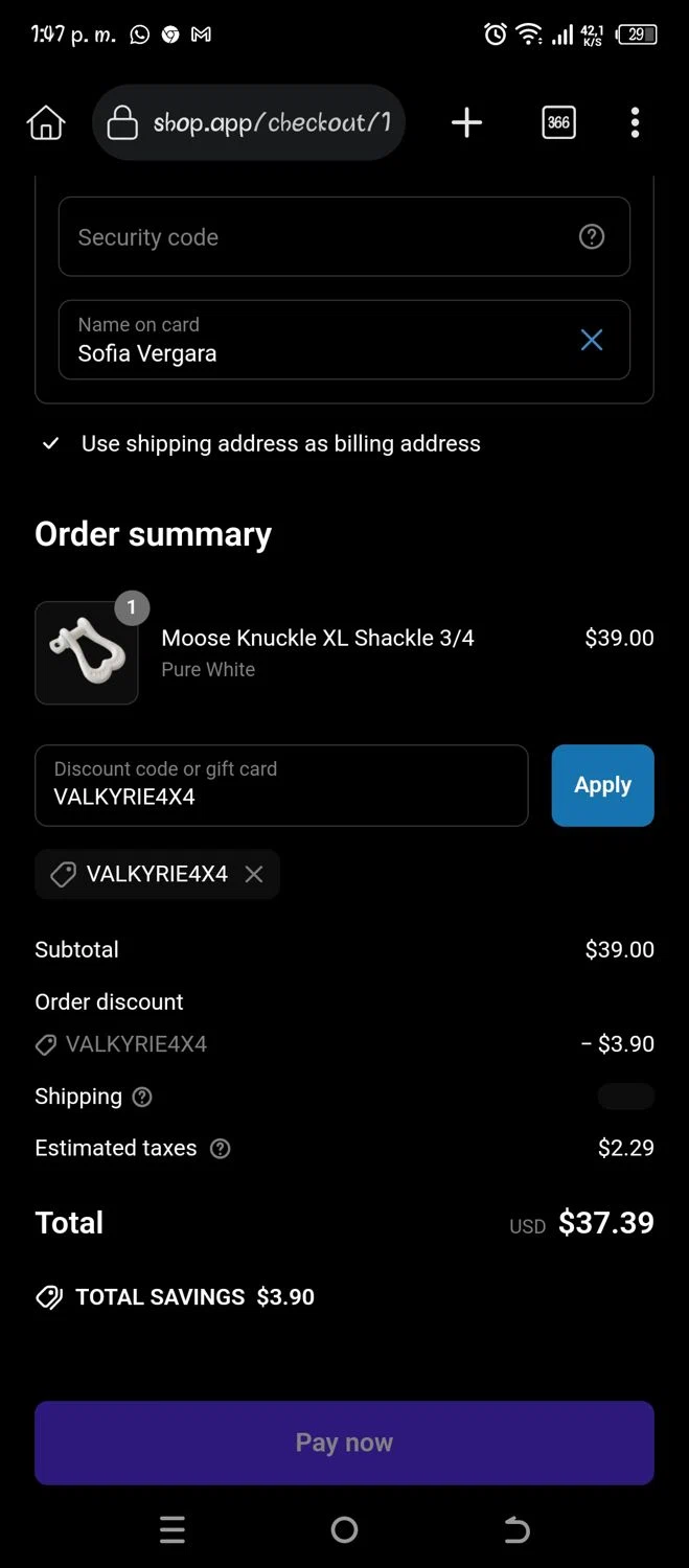 Moose Knuckle promo code screenshot showing code VALKYRIE4X4 applied at Moose Knuckle checkout page. Uploaded by SimplyCodes community member Pipina11 on Apr 23, 2025