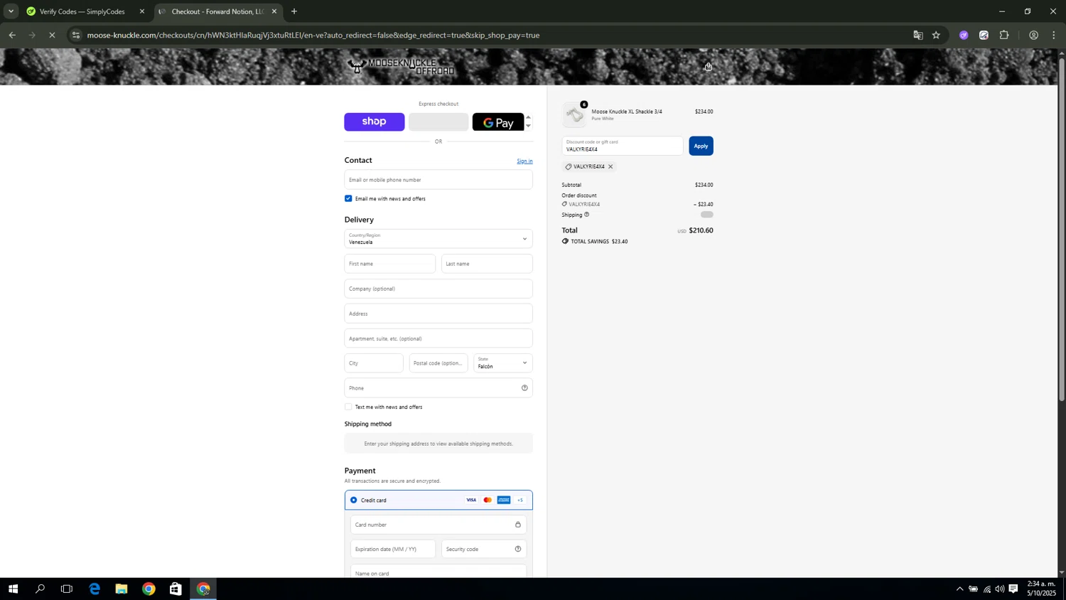 Moose Knuckle promo code screenshot showing code VALKYRIE4X4 applied at Moose Knuckle checkout page. Uploaded by SimplyCodes community member miguel02 on Oct 5, 2025