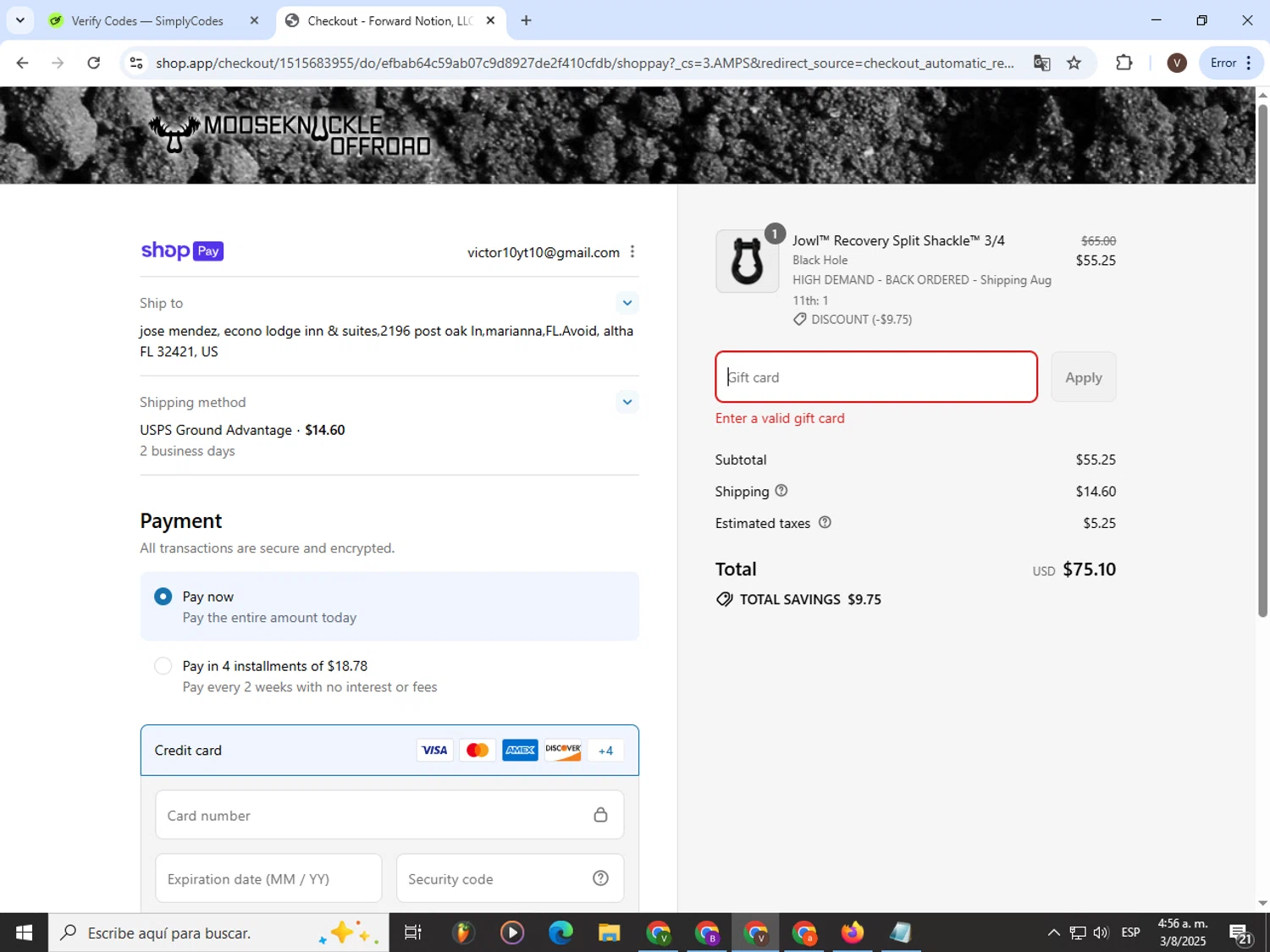 Moose Knuckle promo code screenshot showing code YOTA4R15 applied at Moose Knuckle checkout page. Uploaded by SimplyCodes community member CashLion3448 on Aug 3, 2025
