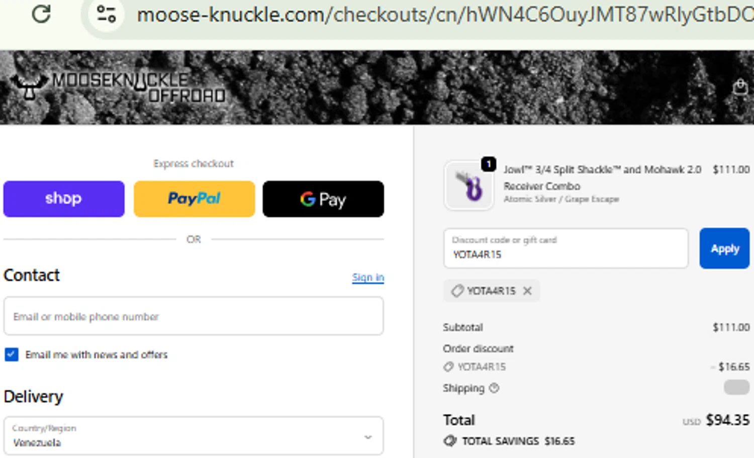 Moose Knuckle promo code screenshot showing code YOTA4R15 applied at Moose Knuckle checkout page. Uploaded by SimplyCodes community member CashMaestro9337 on Oct 16, 2025