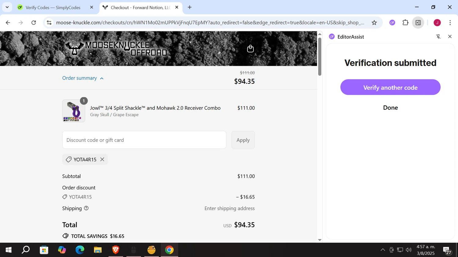 Moose Knuckle promo code screenshot showing code YOTA4R15 applied at Moose Knuckle checkout page. Uploaded by SimplyCodes community member vergil_lains on Aug 3, 2025