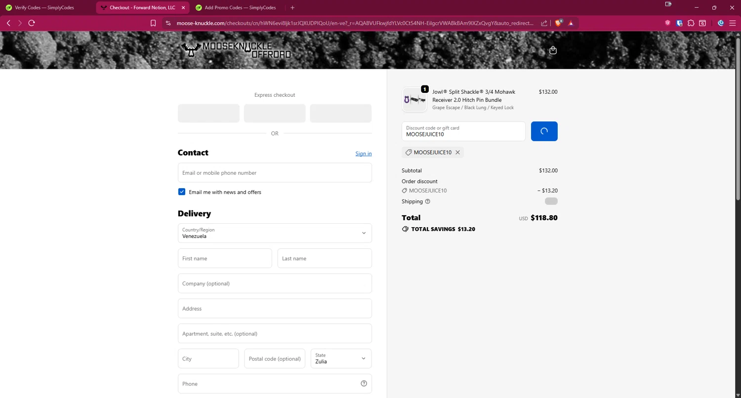 Moose Knuckle promo code screenshot showing code MOOSEJUICE10 applied at Moose Knuckle checkout page. Uploaded by SimplyCodes community member 1323535 on Dec 20, 2025