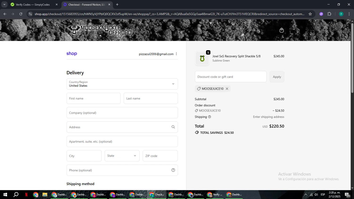 Moose Knuckle promo code screenshot showing code MOOSEJUICE10 applied at Moose Knuckle checkout page. Uploaded by SimplyCodes community member FrugalCaptain6906 on Dec 2, 2025