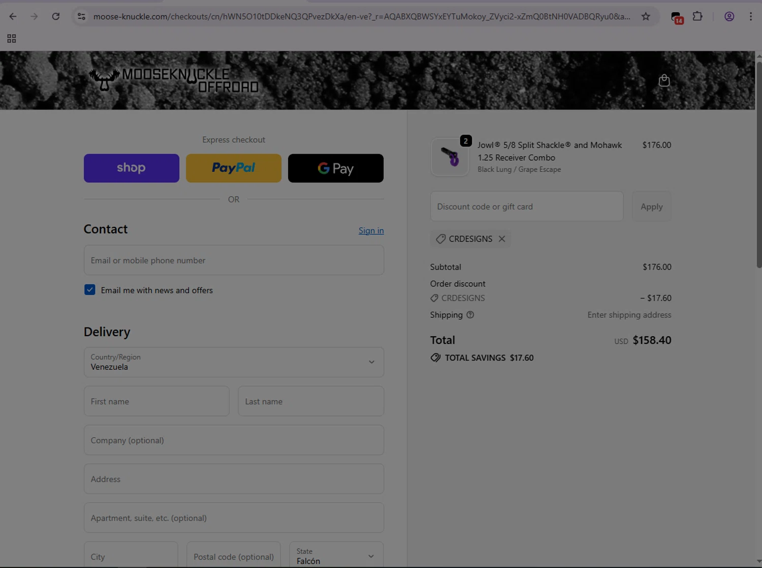 Moose Knuckle promo code screenshot showing code CRDESIGNS applied at Moose Knuckle checkout page. Uploaded by SimplyCodes community member SmartPilot7926 on Nov 17, 2025