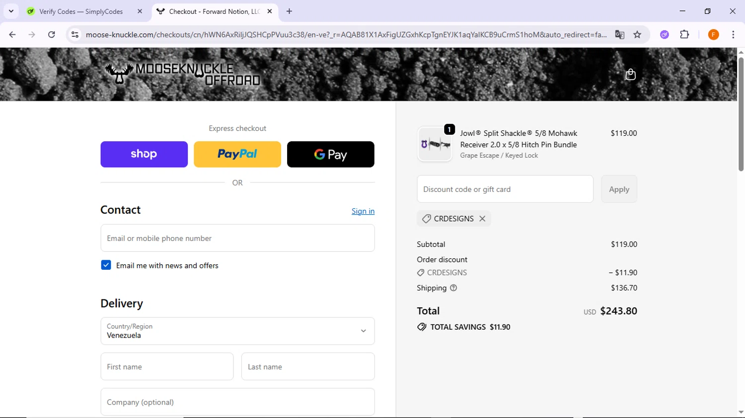 Moose Knuckle promo code screenshot showing code CRDESIGNS applied at Moose Knuckle checkout page. Uploaded by SimplyCodes community member TreasureSleuth5198 on Dec 8, 2025