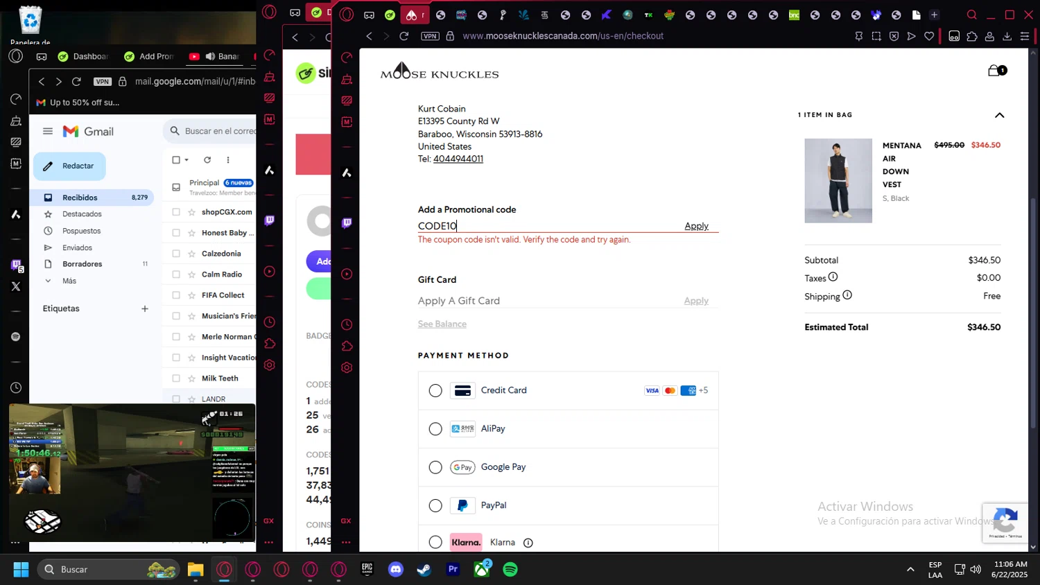 Moose Knuckles promo code screenshot showing code CODE10 applied at Moose Knuckles checkout page. Uploaded by SimplyCodes community member Billyyou on Jun 22, 2025