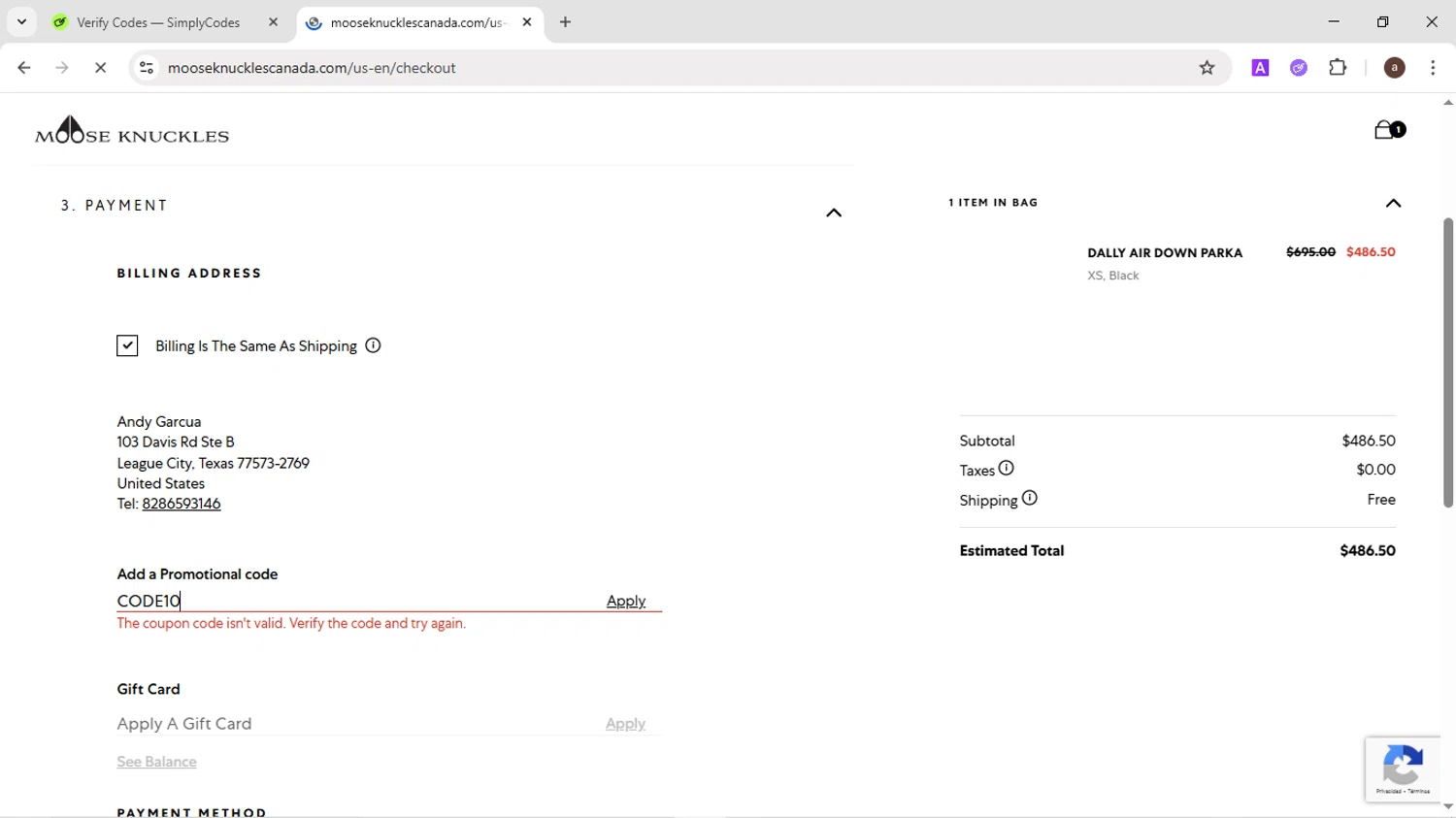 Moose Knuckles promo code screenshot showing code CODE10 applied at Moose Knuckles checkout page. Uploaded by SimplyCodes community member CodeMaverick246 on Jun 22, 2025