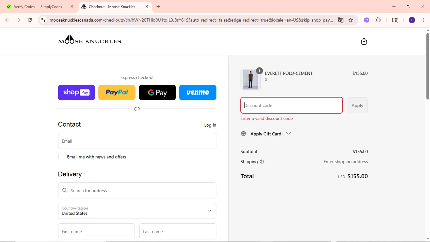 Moose Knuckles promo code screenshot showing code HW25 applied at Moose Knuckles checkout page. Uploaded by SimplyCodes community member MightyCaptain635 on Aug 20, 2025