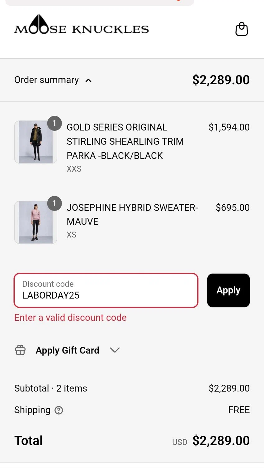 Moose Knuckles promo code screenshot showing code LABORDAY25 applied at Moose Knuckles checkout page. Uploaded by SimplyCodes community member JuanMonge on Aug 30, 2025