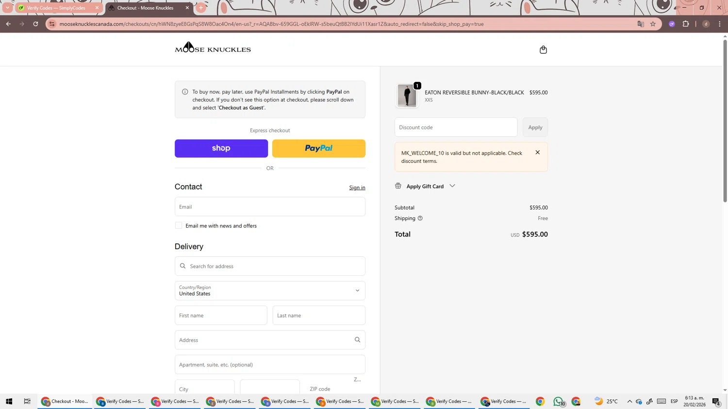 Moose Knuckles checkout page showing Moose Knuckles promo code box | Screenshot taken by SimplyCodes community member on Feb 20, 2026