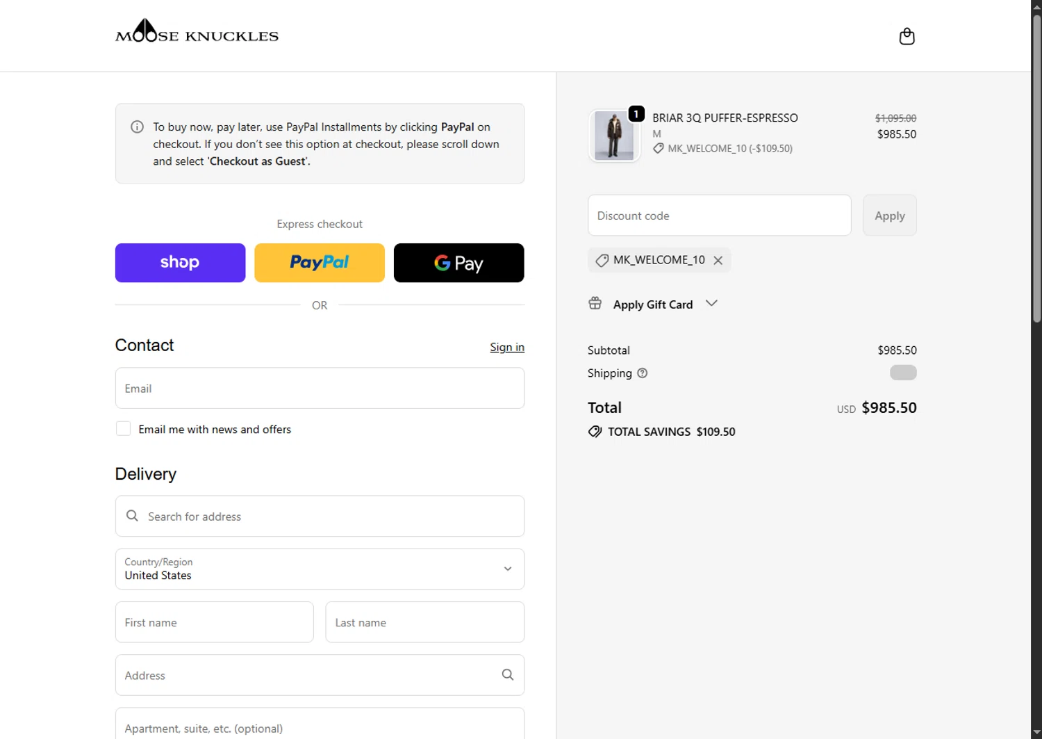 Moose Knuckles checkout page showing Moose Knuckles promo code box | Screenshot taken by SimplyCodes community member on Jan 29, 2026