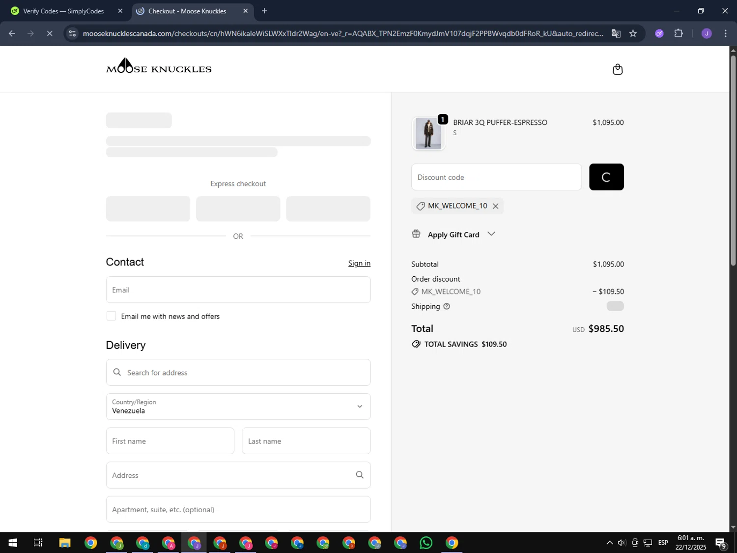Moose Knuckles promo code screenshot showing code MK_WELCOME_10 applied at Moose Knuckles checkout page. Uploaded by SimplyCodes community member ValueHero2277 on Dec 22, 2025