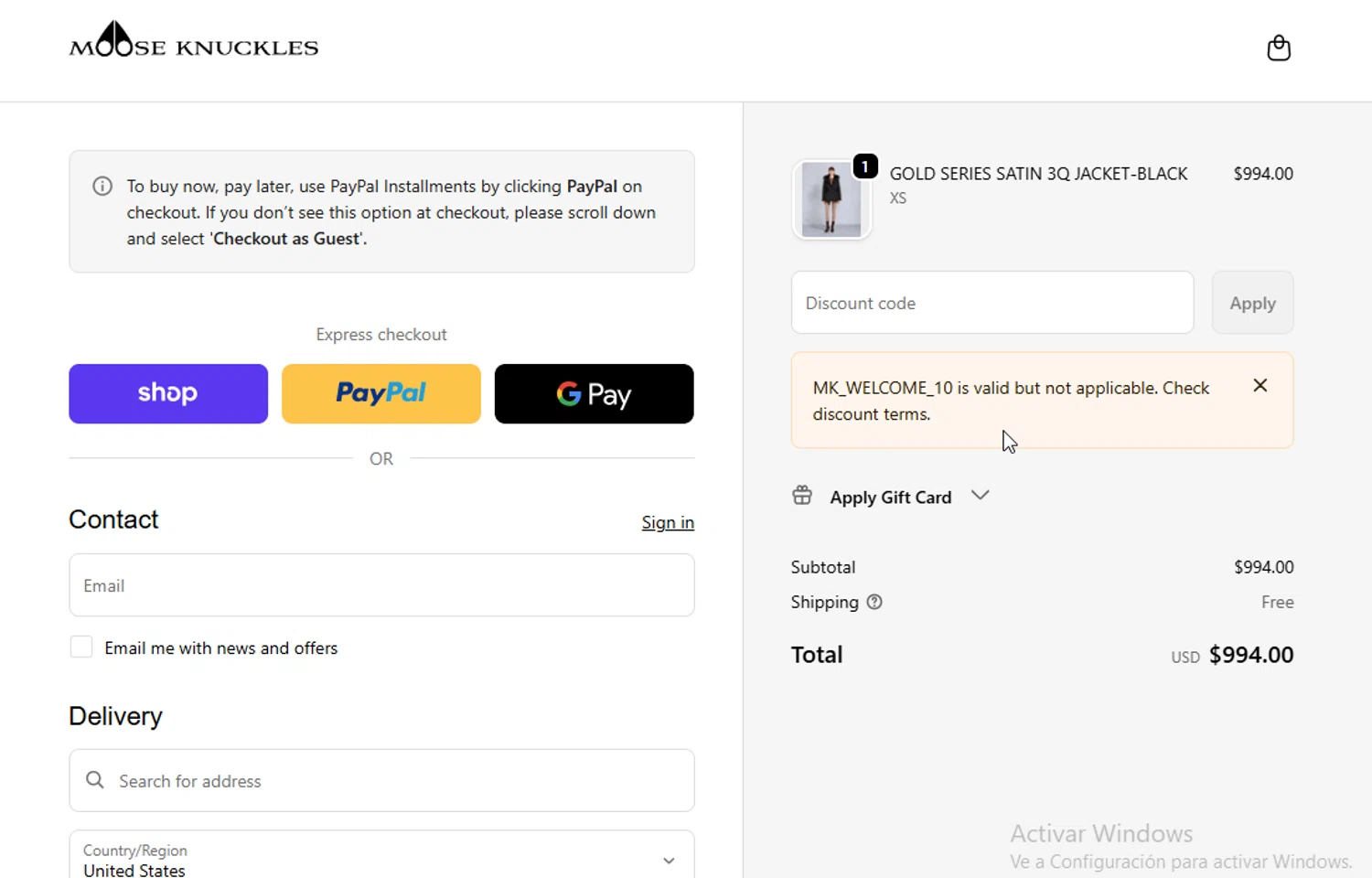 Moose Knuckles promo code screenshot showing code MK_WELCOME_10 applied at Moose Knuckles checkout page. Uploaded by SimplyCodes community member danyx_gx on Jan 18, 2026