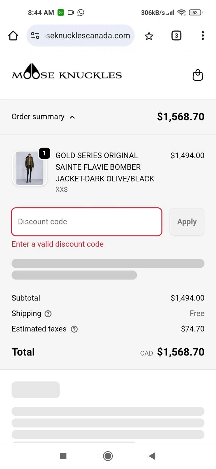 Moose Knuckles promo code screenshot showing code MK15DMUS25 applied at Moose Knuckles checkout page. Uploaded by SimplyCodes community member Piolin on Nov 20, 2025
