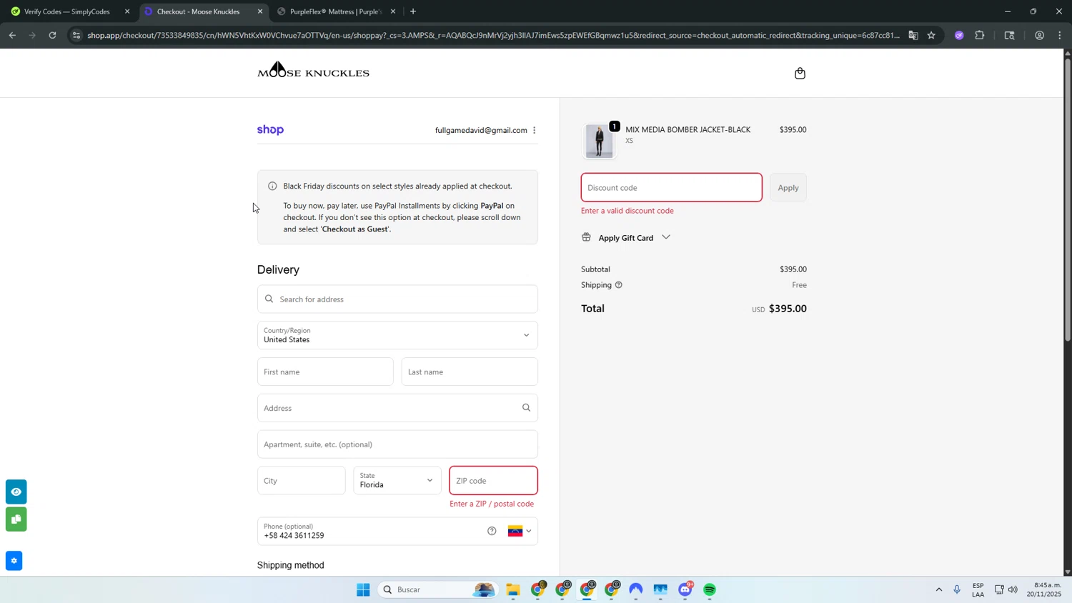 Moose Knuckles promo code screenshot showing code MK15DMUS25 applied at Moose Knuckles checkout page. Uploaded by SimplyCodes community member asdasdasd on Nov 20, 2025