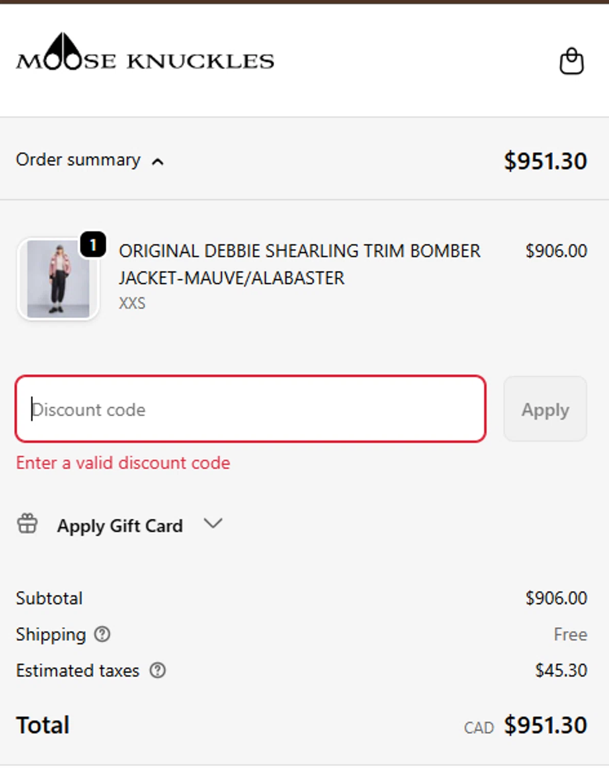 Moose Knuckles promo code screenshot showing code MKBFVIP applied at Moose Knuckles checkout page. Uploaded by SimplyCodes community member EugeRM on Nov 21, 2025