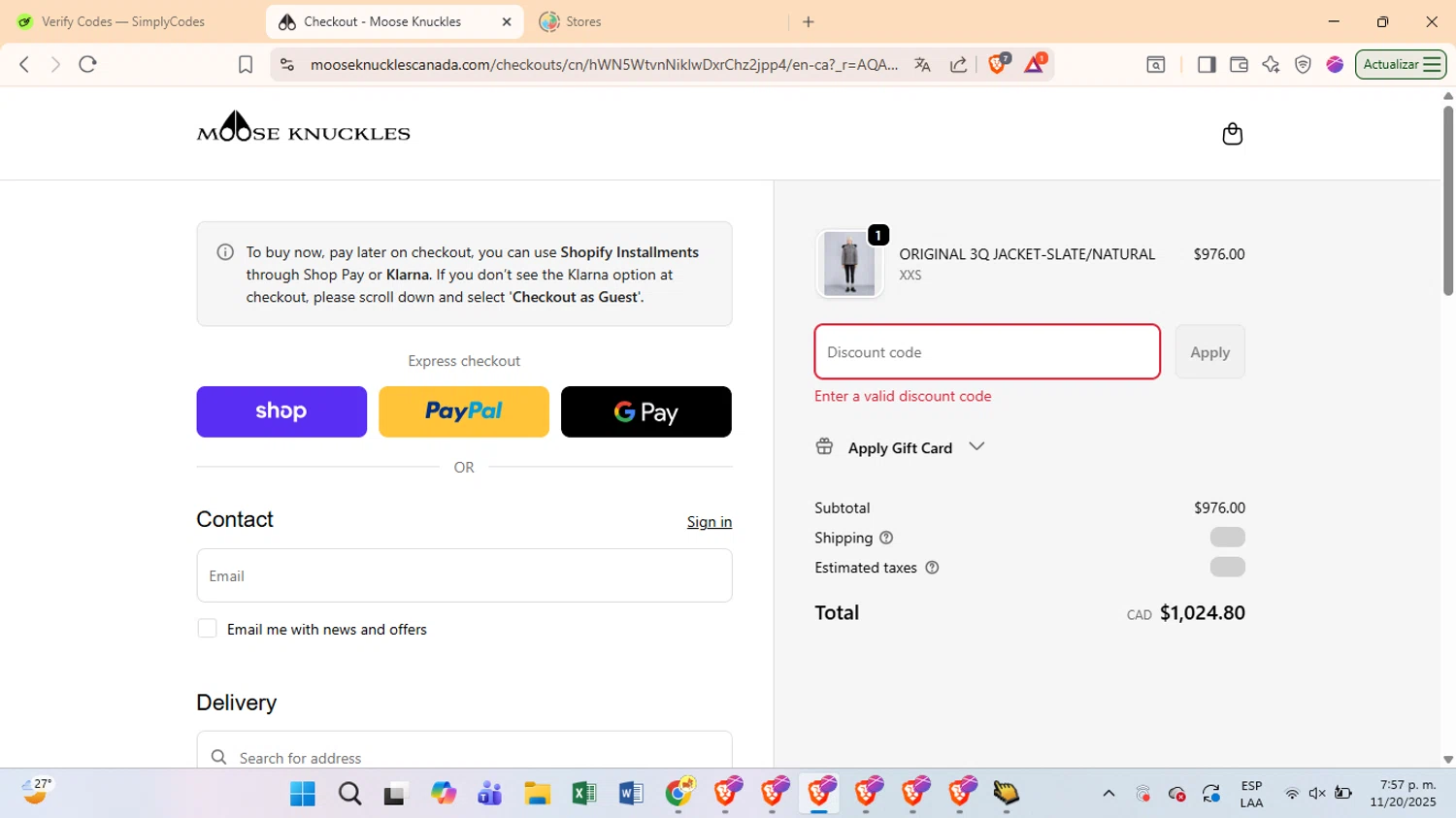 Moose Knuckles promo code screenshot showing code MKBFVIP applied at Moose Knuckles checkout page. Uploaded by SimplyCodes community member LuckyMonarch673 on Nov 21, 2025