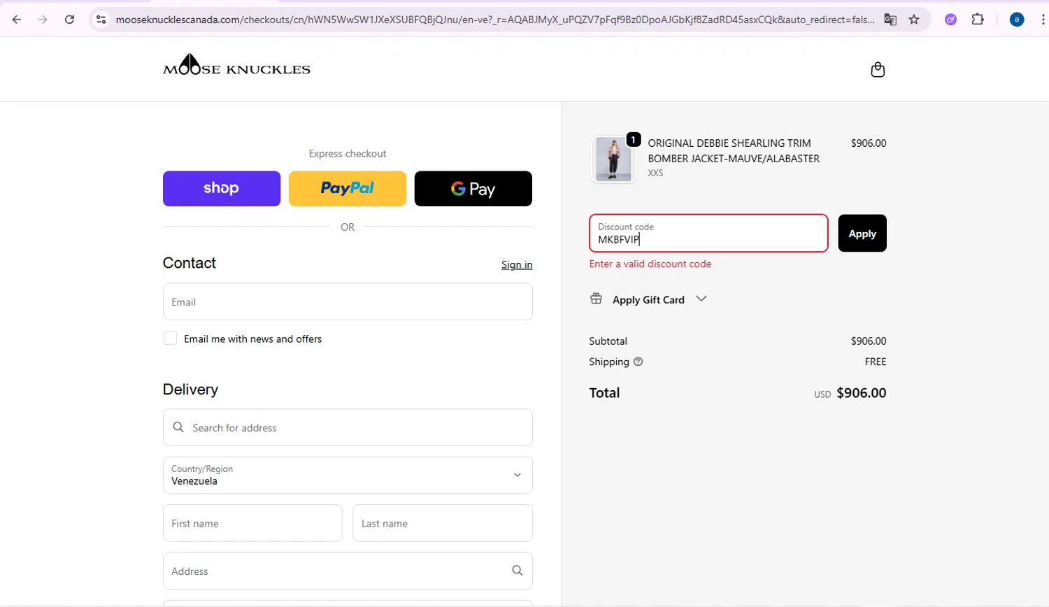 Moose Knuckles promo code screenshot showing code MKBFVIP applied at Moose Knuckles checkout page. Uploaded by SimplyCodes community member yuss007 on Nov 21, 2025