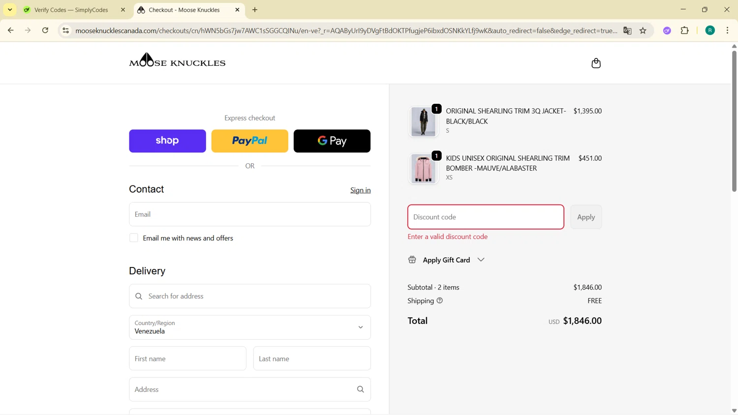 Moose Knuckles promo code screenshot showing code MKBFDMUS25 applied at Moose Knuckles checkout page. Uploaded by SimplyCodes community member BargainMonarch6495 on Nov 22, 2025