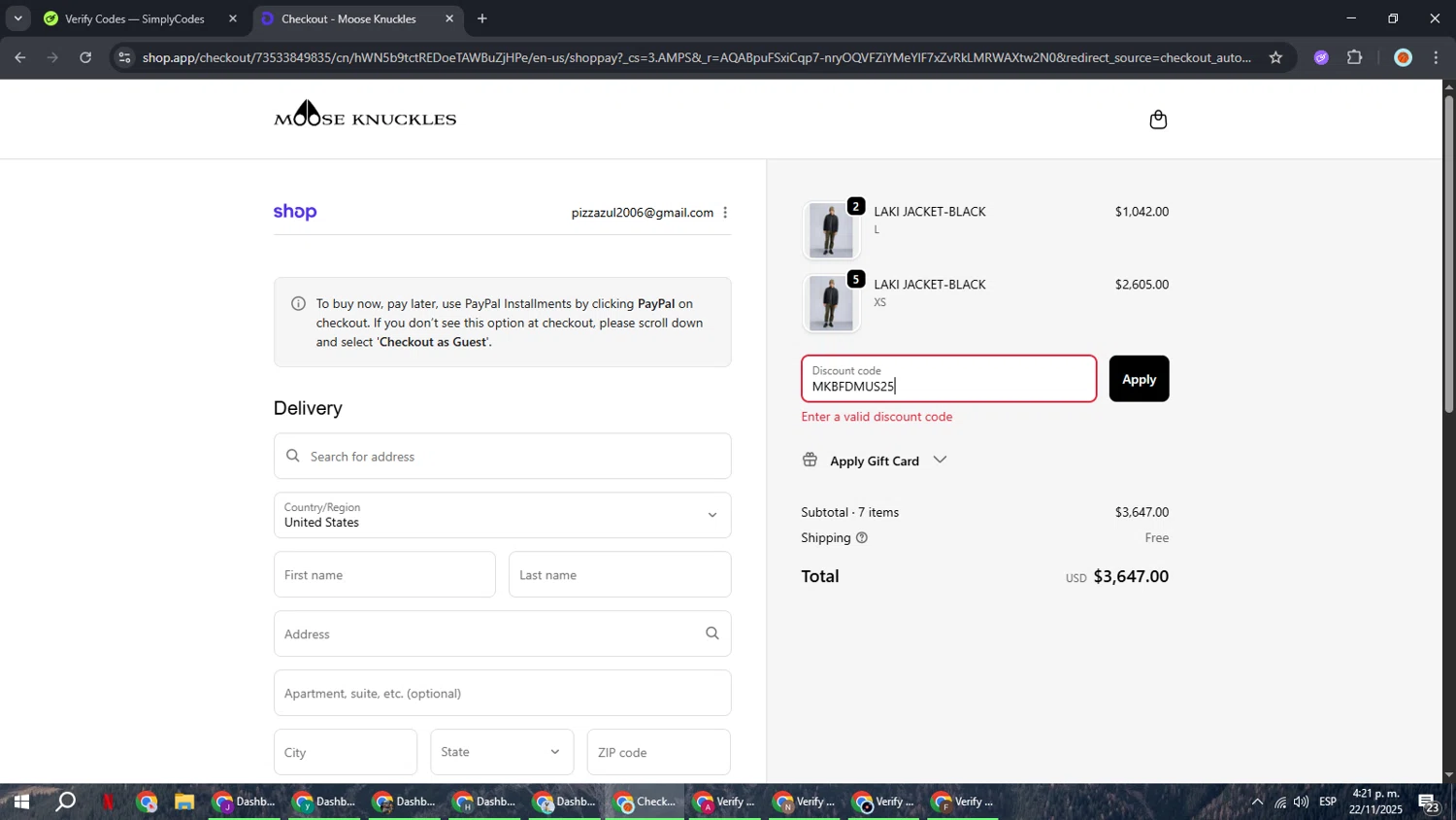 Moose Knuckles promo code screenshot showing code MKBFDMUS25 applied at Moose Knuckles checkout page. Uploaded by SimplyCodes community member BonusCaptain9927 on Nov 22, 2025