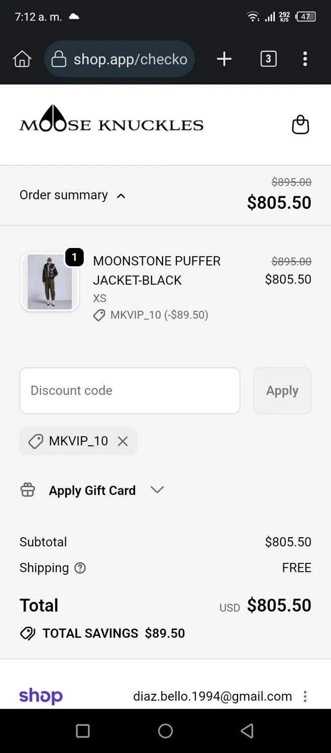 Moose Knuckles promo code screenshot showing code MKVIP_10 applied at Moose Knuckles checkout page. Uploaded by SimplyCodes community member AnthonyGuapeton94 on Jan 11, 2026