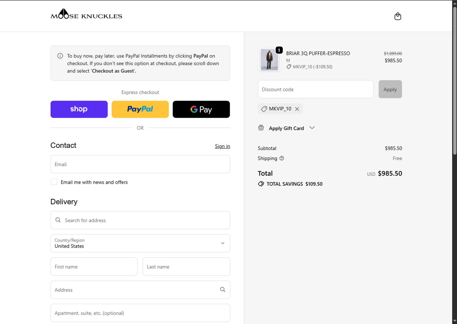Moose Knuckles checkout page showing Moose Knuckles promo code box | Screenshot taken by SimplyCodes community member on Feb 19, 2026