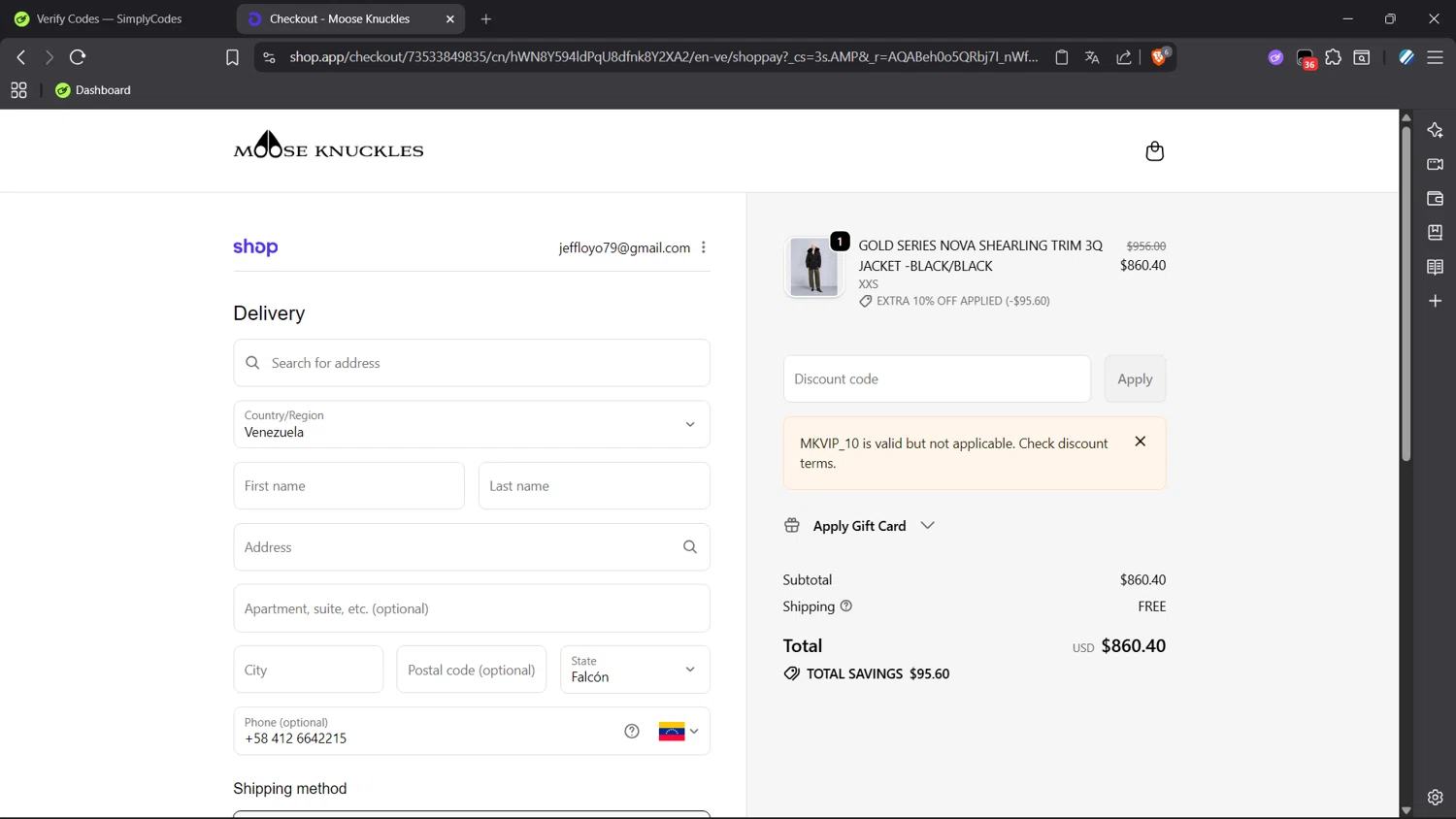 Moose Knuckles promo code screenshot showing code MKVIP_10 applied at Moose Knuckles checkout page. Uploaded by SimplyCodes community member dragonjeffer_93a9 on Feb 8, 2026