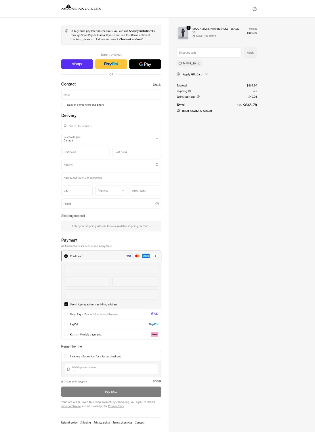 Moose Knuckles promo code screenshot showing code MKVIP_10 applied at Moose Knuckles checkout page. Uploaded by SimplyCodes community member Serdanvz on Dec 24, 2025