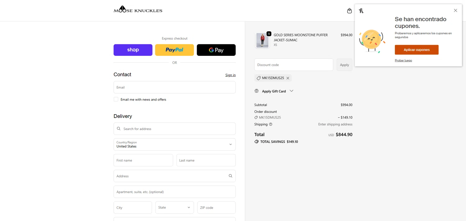 Moose Knuckles promo code screenshot showing code MK15DMUS25 applied at Moose Knuckles checkout page. Uploaded by SimplyCodes community member ivantorres on Nov 6, 2025