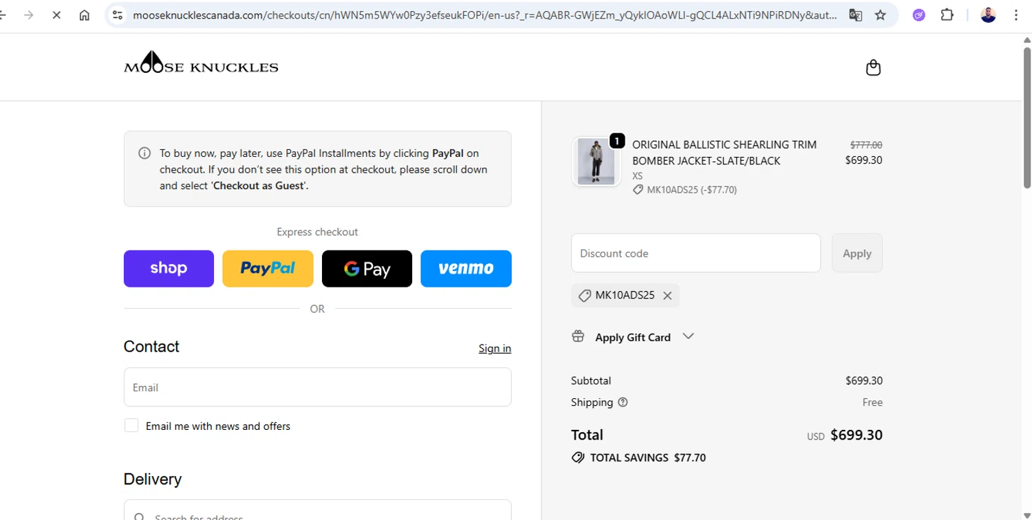 Moose Knuckles promo code screenshot showing code MK10ADS25 applied at Moose Knuckles checkout page. Uploaded by SimplyCodes community member joseg151520 on Nov 27, 2025